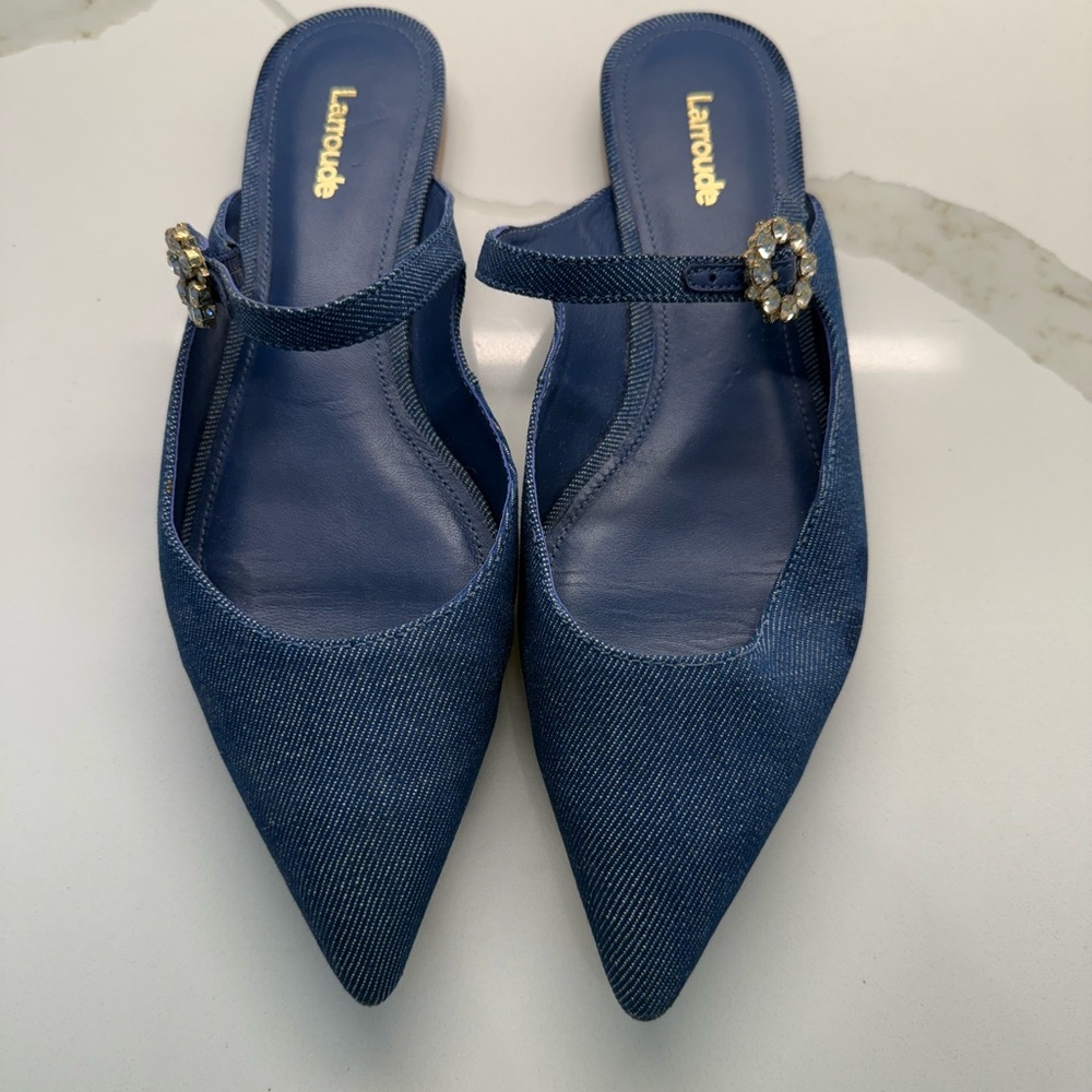 Larroude Blue Denim slides with crystal buckle - like new!